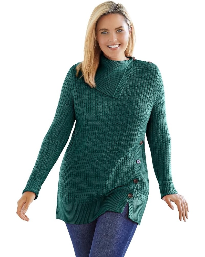 Women's Plus Size Button-Neck Waffle Thermal Knit Sweater Pullover Emerald Green $23.56 Sweaters