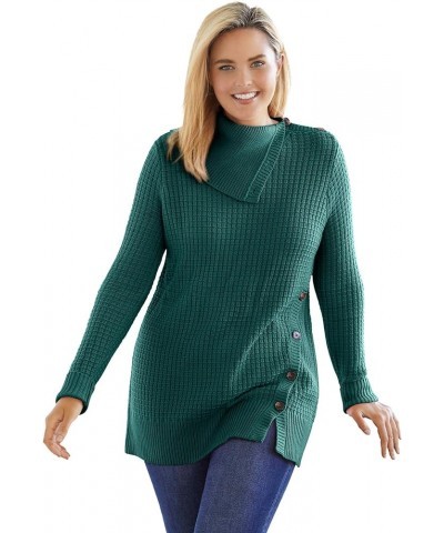 Women's Plus Size Button-Neck Waffle Thermal Knit Sweater Pullover Emerald Green $23.56 Sweaters