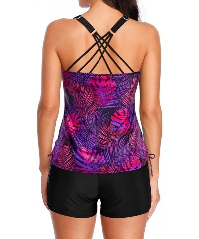Two Piece Tankini Swimsuits for Women Tummy Control Bathing Suit with Shorts Athletic Swimwear Purple Leaves $16.60 Swimsuits