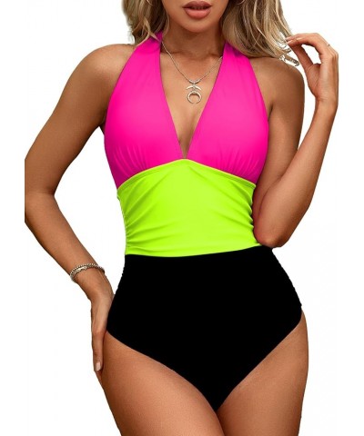 Women's One Piece Swimsuit Halter Plunge Neck Ruched Tummy Control Bathing Suits Hot Pink/Black $16.72 Swimsuits