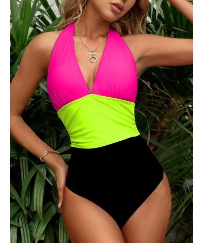 Women's One Piece Swimsuit Halter Plunge Neck Ruched Tummy Control Bathing Suits Hot Pink/Black $16.72 Swimsuits