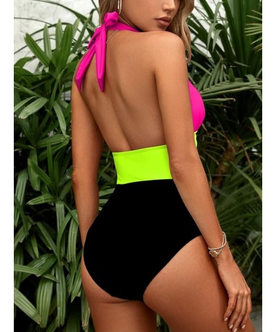 Women's One Piece Swimsuit Halter Plunge Neck Ruched Tummy Control Bathing Suits Hot Pink/Black $16.72 Swimsuits