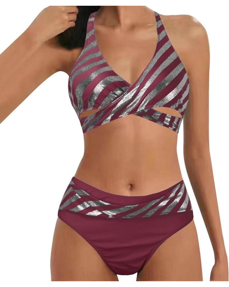 Swimsuit for Women 2024 Bikini Sexy V Neck Thong Bottom Two Piece Cute Triangle Bathing Z02-wine--lightning Deals $4.19 Swims...