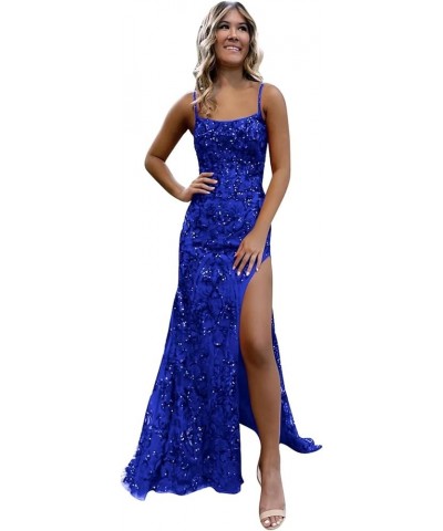 Sparkly Sequin Prom Dresses for Women 2024 Spaghetti Straps Mermaid Formal Dresses with Slit Royal Blue $36.75 Dresses