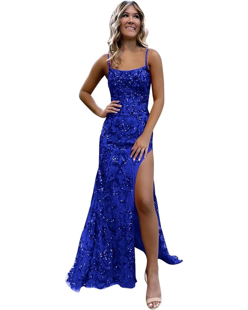 Sparkly Sequin Prom Dresses for Women 2024 Spaghetti Straps Mermaid Formal Dresses with Slit Royal Blue $36.75 Dresses