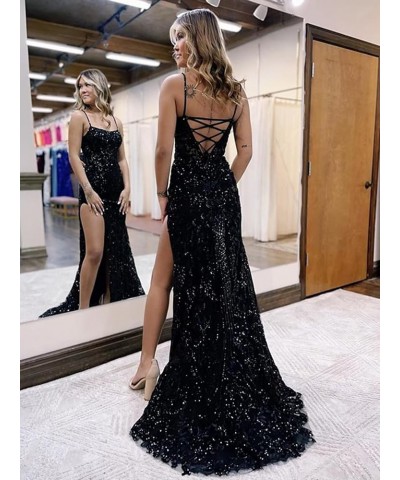 Sparkly Sequin Prom Dresses for Women 2024 Spaghetti Straps Mermaid Formal Dresses with Slit Royal Blue $36.75 Dresses