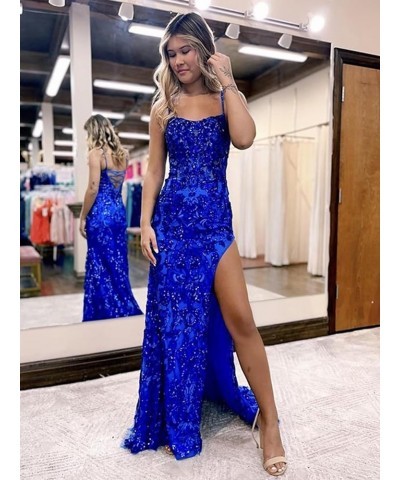 Sparkly Sequin Prom Dresses for Women 2024 Spaghetti Straps Mermaid Formal Dresses with Slit Royal Blue $36.75 Dresses