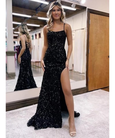 Sparkly Sequin Prom Dresses for Women 2024 Spaghetti Straps Mermaid Formal Dresses with Slit Royal Blue $36.75 Dresses