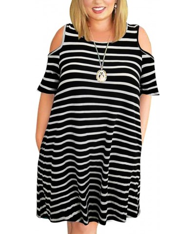 Women's Cold Shoulder Plus Size Casual T-Shirt Swing Dress with Pockets Black Stripe $16.66 T-Shirts