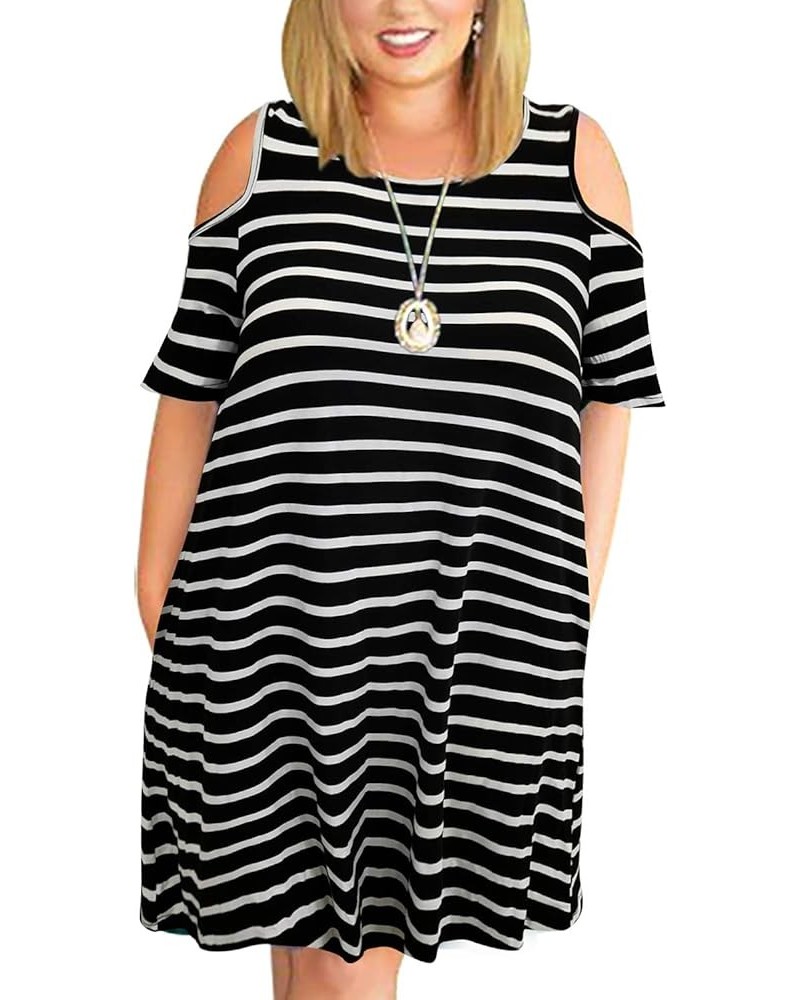 Women's Cold Shoulder Plus Size Casual T-Shirt Swing Dress with Pockets Black Stripe $16.66 T-Shirts