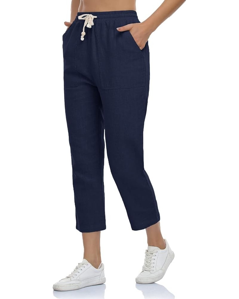 Linen Pants for Women, Drawstring 4 Pockets High Waisted Lounge Casual Pull-On Pants Navy Blue $17.63 Pants