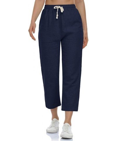 Linen Pants for Women, Drawstring 4 Pockets High Waisted Lounge Casual Pull-On Pants Navy Blue $17.63 Pants