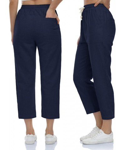 Linen Pants for Women, Drawstring 4 Pockets High Waisted Lounge Casual Pull-On Pants Navy Blue $17.63 Pants