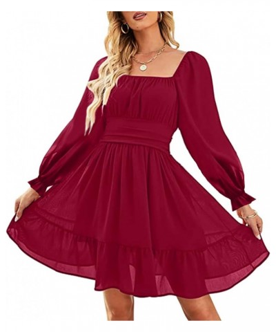 Women's Square Neck Off Shoulder Tie Back Long Lantern Sleeve Ruffle Short Dress A-Line Mini Dress Wine Red $19.74 Dresses