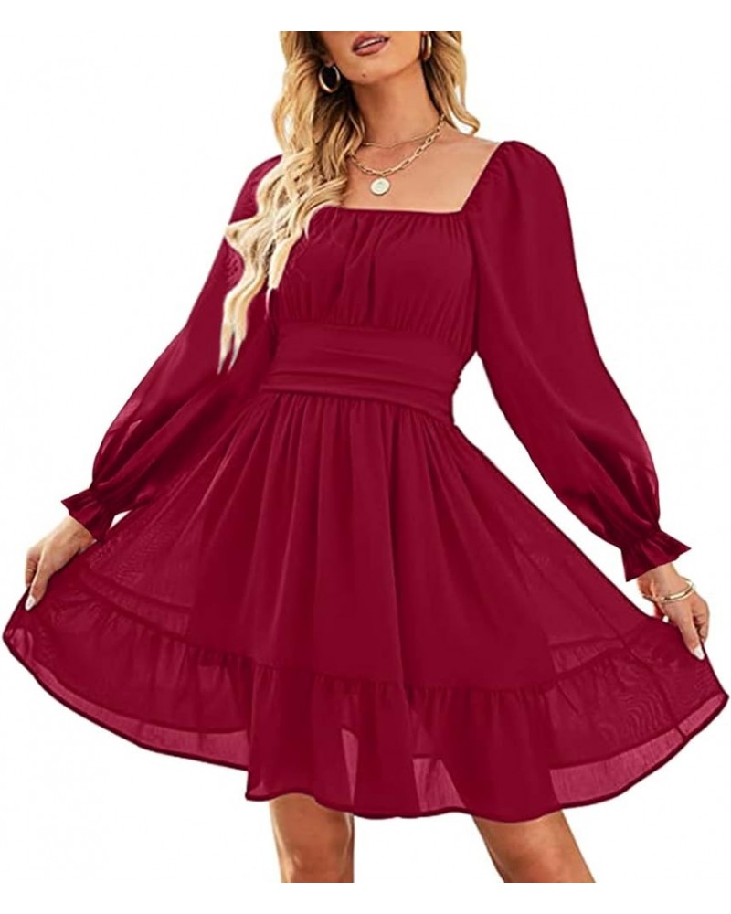 Women's Square Neck Off Shoulder Tie Back Long Lantern Sleeve Ruffle Short Dress A-Line Mini Dress Wine Red $19.74 Dresses