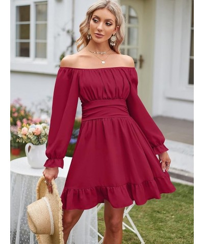 Women's Square Neck Off Shoulder Tie Back Long Lantern Sleeve Ruffle Short Dress A-Line Mini Dress Wine Red $19.74 Dresses