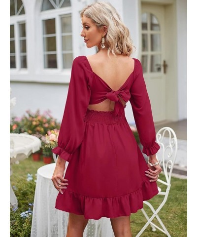 Women's Square Neck Off Shoulder Tie Back Long Lantern Sleeve Ruffle Short Dress A-Line Mini Dress Wine Red $19.74 Dresses