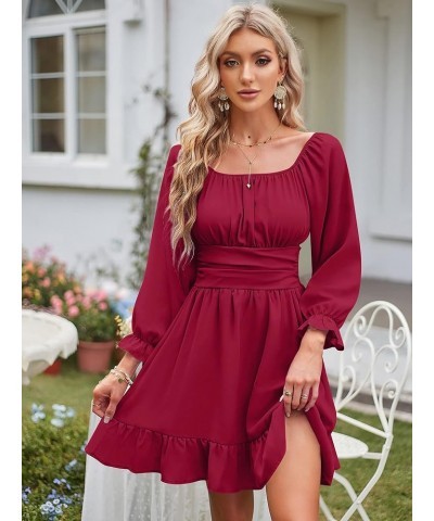 Women's Square Neck Off Shoulder Tie Back Long Lantern Sleeve Ruffle Short Dress A-Line Mini Dress Wine Red $19.74 Dresses