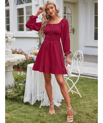 Women's Square Neck Off Shoulder Tie Back Long Lantern Sleeve Ruffle Short Dress A-Line Mini Dress Wine Red $19.74 Dresses