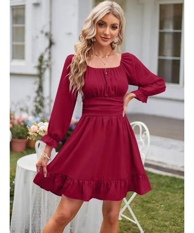 Women's Square Neck Off Shoulder Tie Back Long Lantern Sleeve Ruffle Short Dress A-Line Mini Dress Wine Red $19.74 Dresses