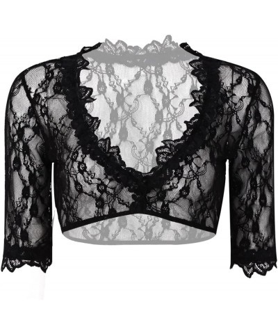 Women Floral Lace See Through Crop Tops Long Sleeve Scoop Neck Sheer T-Shirt Blouse B Black $6.17 Blouses