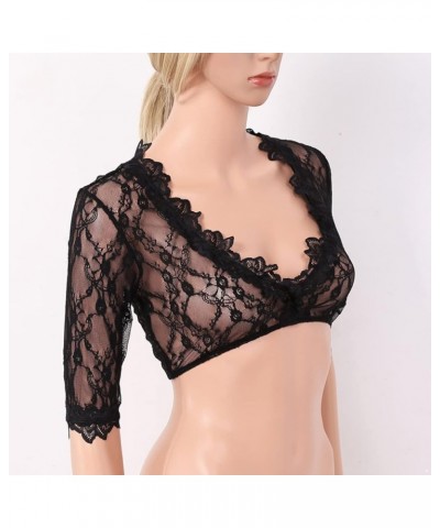 Women Floral Lace See Through Crop Tops Long Sleeve Scoop Neck Sheer T-Shirt Blouse B Black $6.17 Blouses