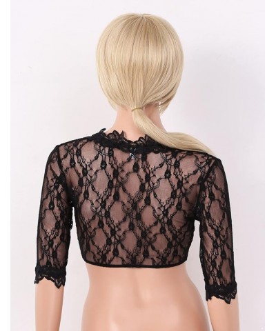 Women Floral Lace See Through Crop Tops Long Sleeve Scoop Neck Sheer T-Shirt Blouse B Black $6.17 Blouses