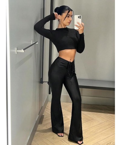 Women's Solid Pu Leather Pants High Waist Drawstring Waist Flare Long Pants Black $16.82 Leggings