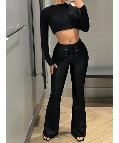 Women's Solid Pu Leather Pants High Waist Drawstring Waist Flare Long Pants Black $16.82 Leggings