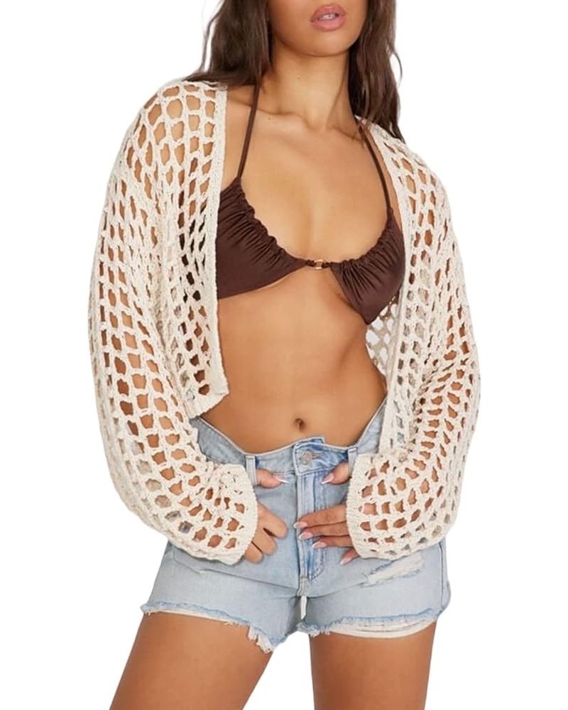 Women's Y2K Crochet Crop Tops Cardigan Long Sleeve Open Front Hollow Out Bikini Beach Bolero Shrug Cover Up White $10.49 Swea...