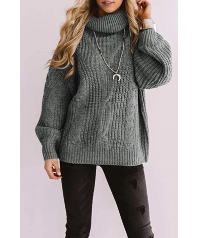 Women's 2024 Fall Long Sleeve Turtleneck Chunky Knit Loose Oversized Sweater Pullover Jumper Tops Grey $30.15 Sweaters