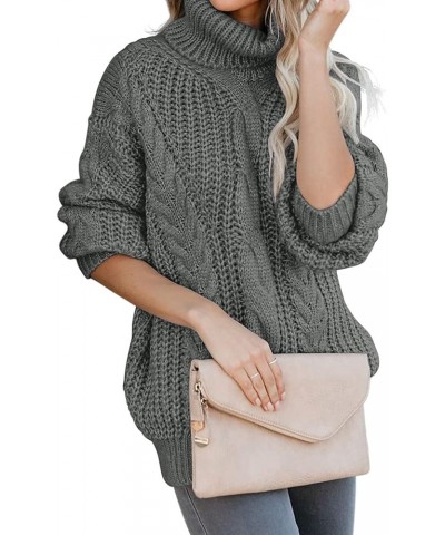 Women's 2024 Fall Long Sleeve Turtleneck Chunky Knit Loose Oversized Sweater Pullover Jumper Tops Grey $30.15 Sweaters