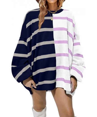 Womens Striped Pullover Sweater Crew Neck Long Sleeve Knitted Color Block Casual Loose Lightweight Sweaters for Women Navy Bl...