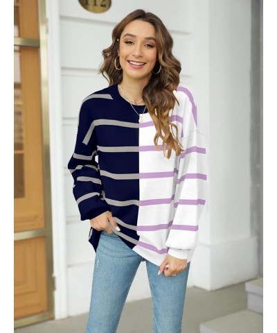 Womens Striped Pullover Sweater Crew Neck Long Sleeve Knitted Color Block Casual Loose Lightweight Sweaters for Women Navy Bl...