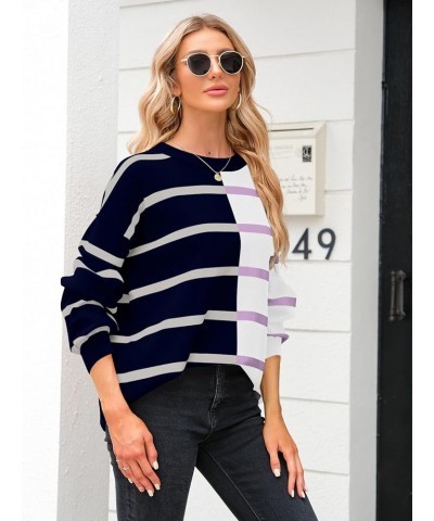 Womens Striped Pullover Sweater Crew Neck Long Sleeve Knitted Color Block Casual Loose Lightweight Sweaters for Women Navy Bl...