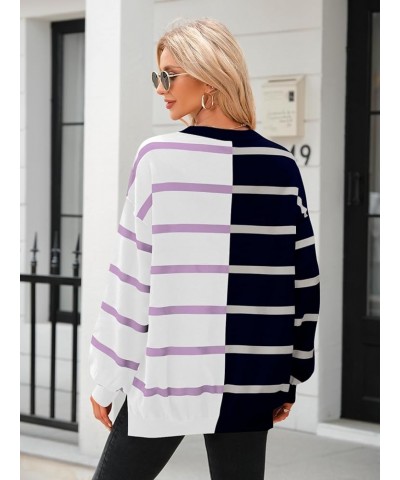 Womens Striped Pullover Sweater Crew Neck Long Sleeve Knitted Color Block Casual Loose Lightweight Sweaters for Women Navy Bl...