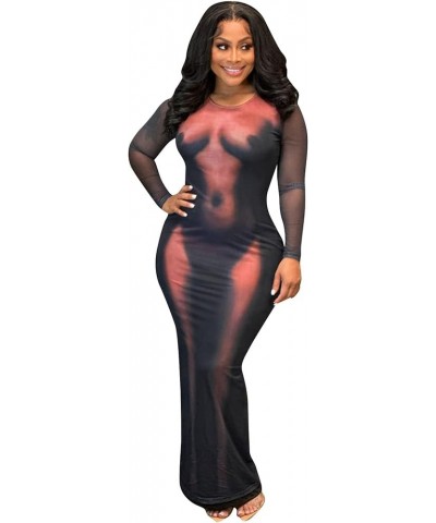 Women's 3D Body Print Maxi Dress Bodycon Sexy Aesthetic Y2K Long Sleeve Midi Dresses for Party Clubwear Black $16.82 Dresses