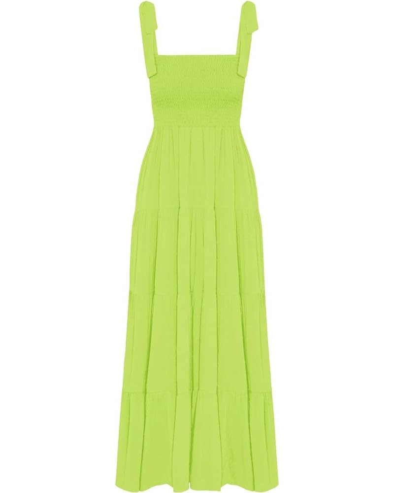 Women's Summer Boho Spaghetti Strap Square Neck Ruffle Casual Flowy Long Dress Beach Swing Party Maxi Dress Fluorescent Green...