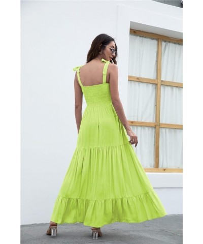 Women's Summer Boho Spaghetti Strap Square Neck Ruffle Casual Flowy Long Dress Beach Swing Party Maxi Dress Fluorescent Green...