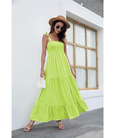 Women's Summer Boho Spaghetti Strap Square Neck Ruffle Casual Flowy Long Dress Beach Swing Party Maxi Dress Fluorescent Green...