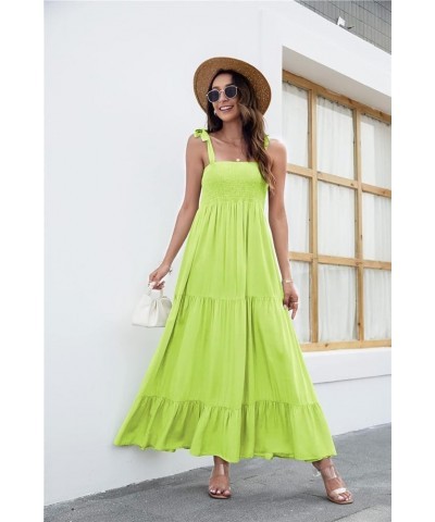 Women's Summer Boho Spaghetti Strap Square Neck Ruffle Casual Flowy Long Dress Beach Swing Party Maxi Dress Fluorescent Green...