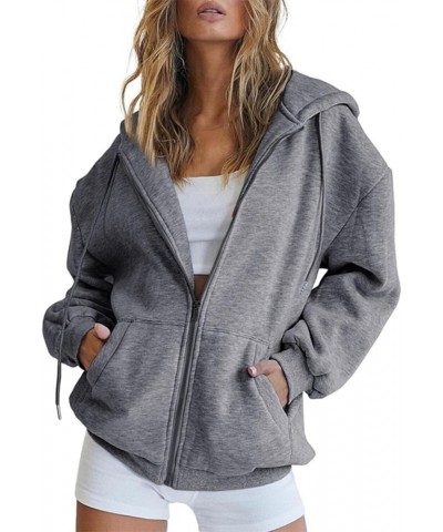 Women's Full-Zip Hooded Sweatshirt,Fall Jacket Oversized,Casual Drawstring Zip Up Y2K Hoodie with Pocket New-3-dark Gray $8.6...