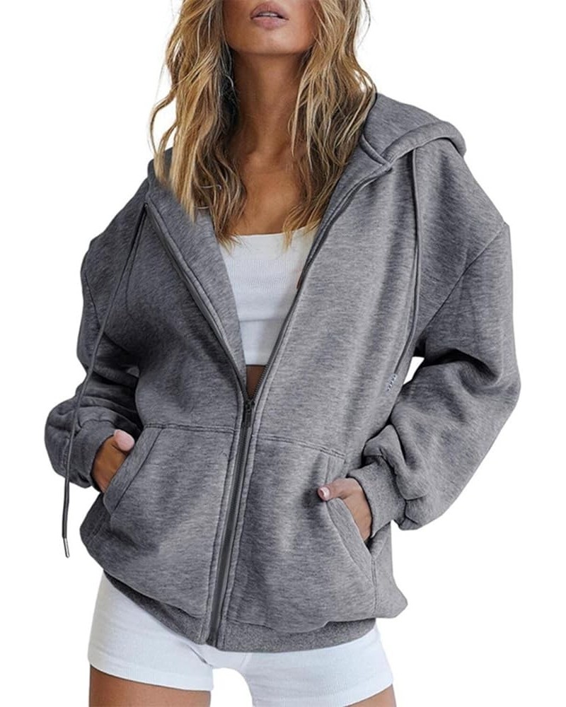 Women's Full-Zip Hooded Sweatshirt,Fall Jacket Oversized,Casual Drawstring Zip Up Y2K Hoodie with Pocket New-3-dark Gray $8.6...