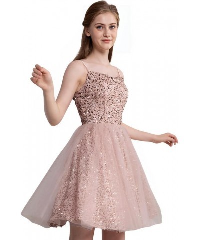 Sequin Short Prom Dresses Spaghetti Straps Tulle Glitter Homecoming Evening Formal Party Ball Gowns Dusty Rose $21.93 Dresses