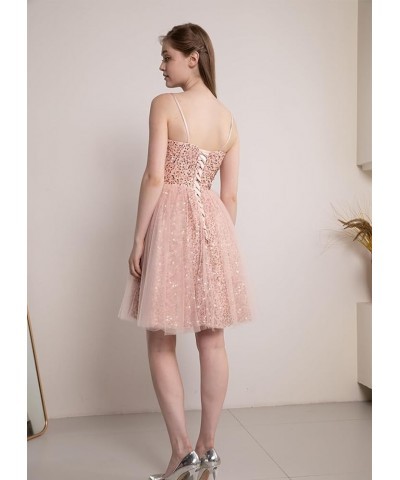 Sequin Short Prom Dresses Spaghetti Straps Tulle Glitter Homecoming Evening Formal Party Ball Gowns Dusty Rose $21.93 Dresses