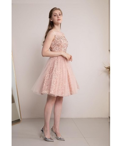 Sequin Short Prom Dresses Spaghetti Straps Tulle Glitter Homecoming Evening Formal Party Ball Gowns Dusty Rose $21.93 Dresses