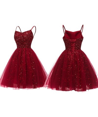 Sequin Short Prom Dresses Spaghetti Straps Tulle Glitter Homecoming Evening Formal Party Ball Gowns Dusty Rose $21.93 Dresses