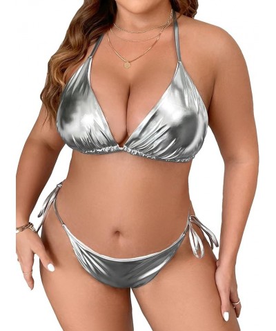 Women's Plus Size Swimsuits 2 Piece Bathing Suits High Waisted Metallic String Triangle Bikini Sets Plain Silver $14.40 Swims...