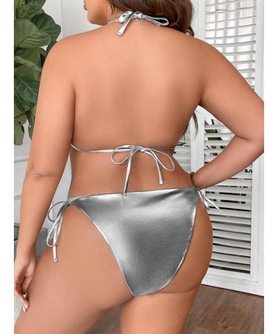 Women's Plus Size Swimsuits 2 Piece Bathing Suits High Waisted Metallic String Triangle Bikini Sets Plain Silver $14.40 Swims...