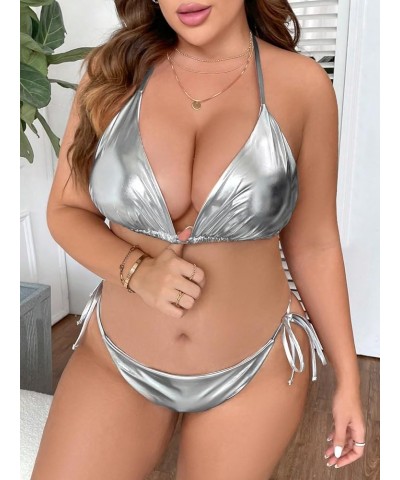 Women's Plus Size Swimsuits 2 Piece Bathing Suits High Waisted Metallic String Triangle Bikini Sets Plain Silver $14.40 Swims...